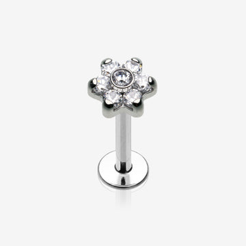 Brilliant Sparkle Flower Top Internally Threaded Labret-Clear Gem